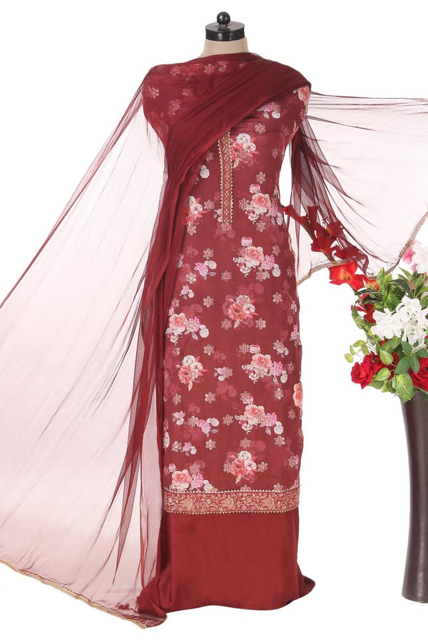 Dola Silk Suit Floral Print Salwar Suit with Embroidered Golden Butas - Leheriya