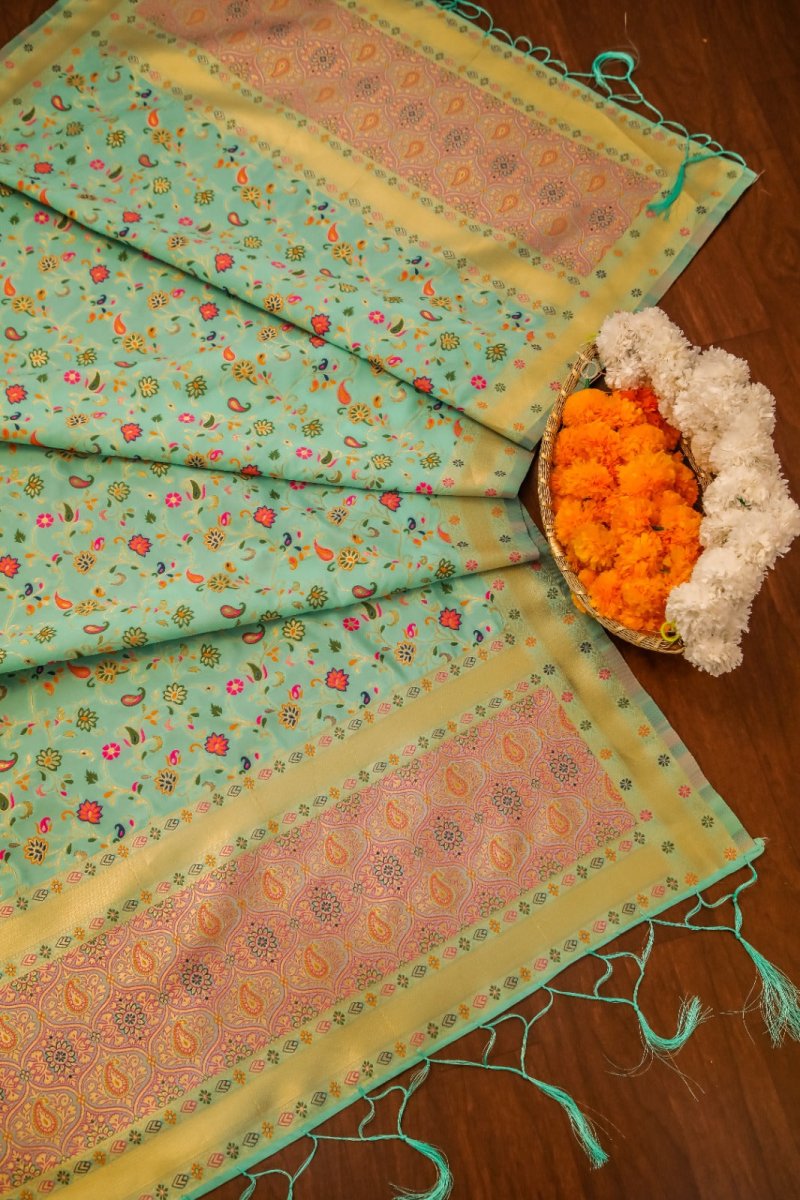 Elegant Paithani Silk Dupatta - Sea Green - Leheriya