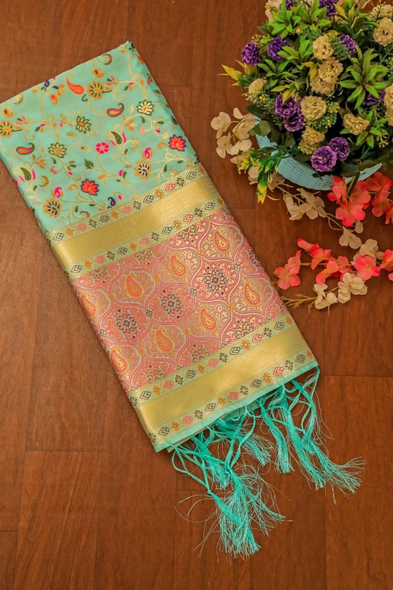 Elegant Paithani Silk Dupatta - Sea Green - Leheriya