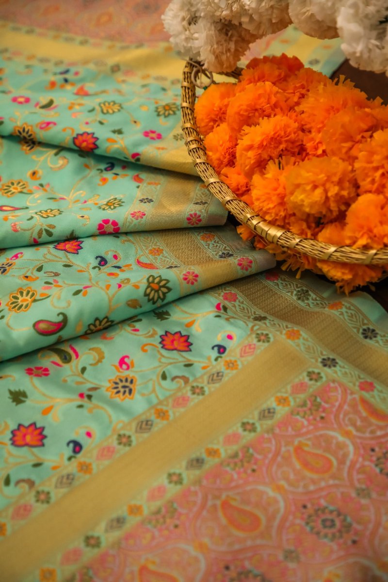 Elegant Paithani Silk Dupatta - Sea Green - Leheriya