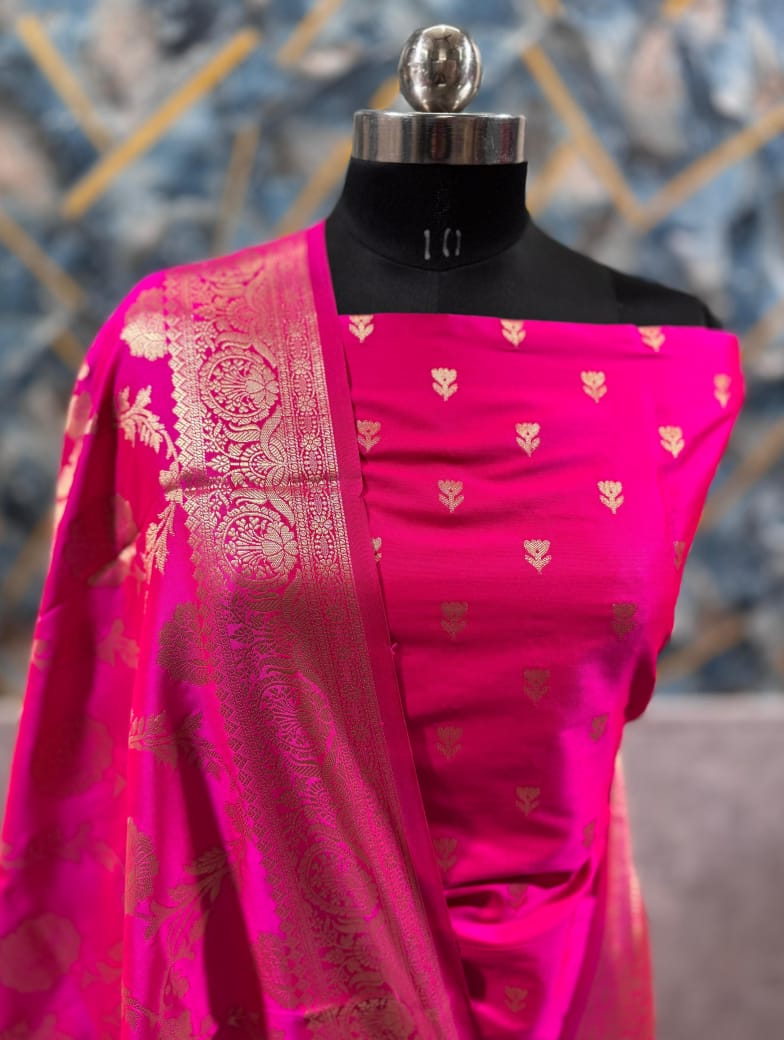 CODE FB241211 : Bright pink soft silk cotton unstitched salwar material, zari, sequins& real mirror work on yoke(thin fabric, lining needed)matching silky bottom, soft silk cotton dupatta with banarasi zari woven design.