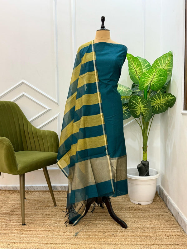 Exclusive Banarasi 3pc Unstitched Salwar Suit with Cotton Silk Fancy Stripes Tissue Dupatta - Leheriya