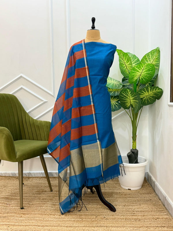 Exclusive Banarasi 3pc Unstitched Salwar Suit with Cotton Silk Fancy Stripes Tissue Dupatta - Leheriya