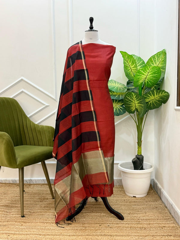 Exclusive Banarasi 3pc Unstitched Salwar Suit with Cotton Silk Fancy Stripes Tissue Dupatta - Leheriya