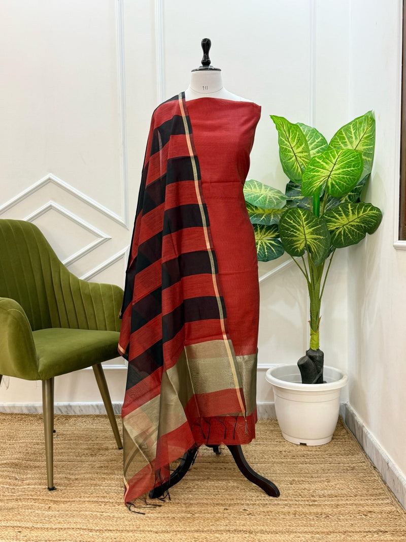 Exclusive Banarasi 3pc Unstitched Salwar Suit with Cotton Silk Fancy Stripes Tissue Dupatta - Leheriya