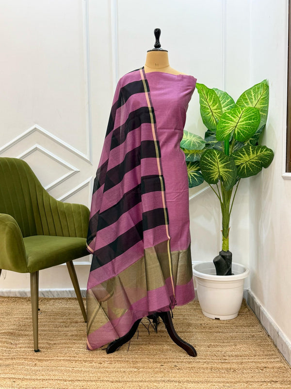 Exclusive Banarasi 3pc Unstitched Salwar Suit with Cotton Silk Fancy Stripes Tissue Dupatta - Leheriya