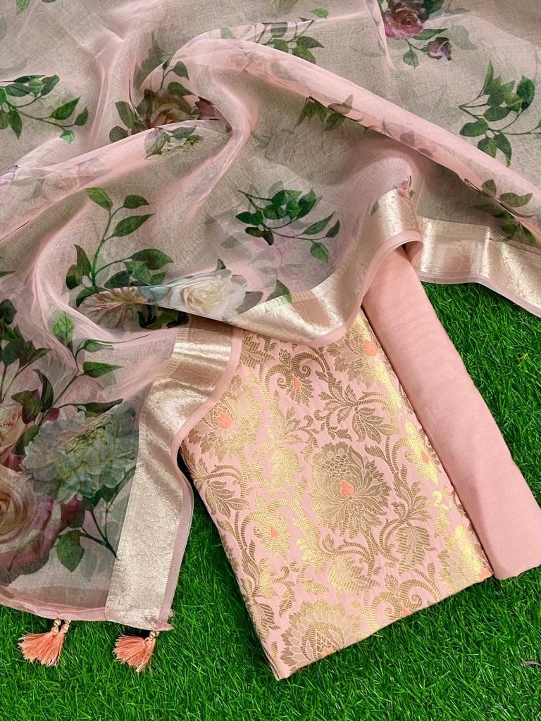 Exclusive Banarasi Brocade Silk Suit Paired with Organza Digital Print Dupatta - Leheriya
