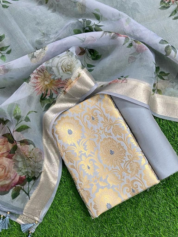 Exclusive Banarasi Brocade Silk Suit Paired with Organza Digital Print Dupatta - Leheriya