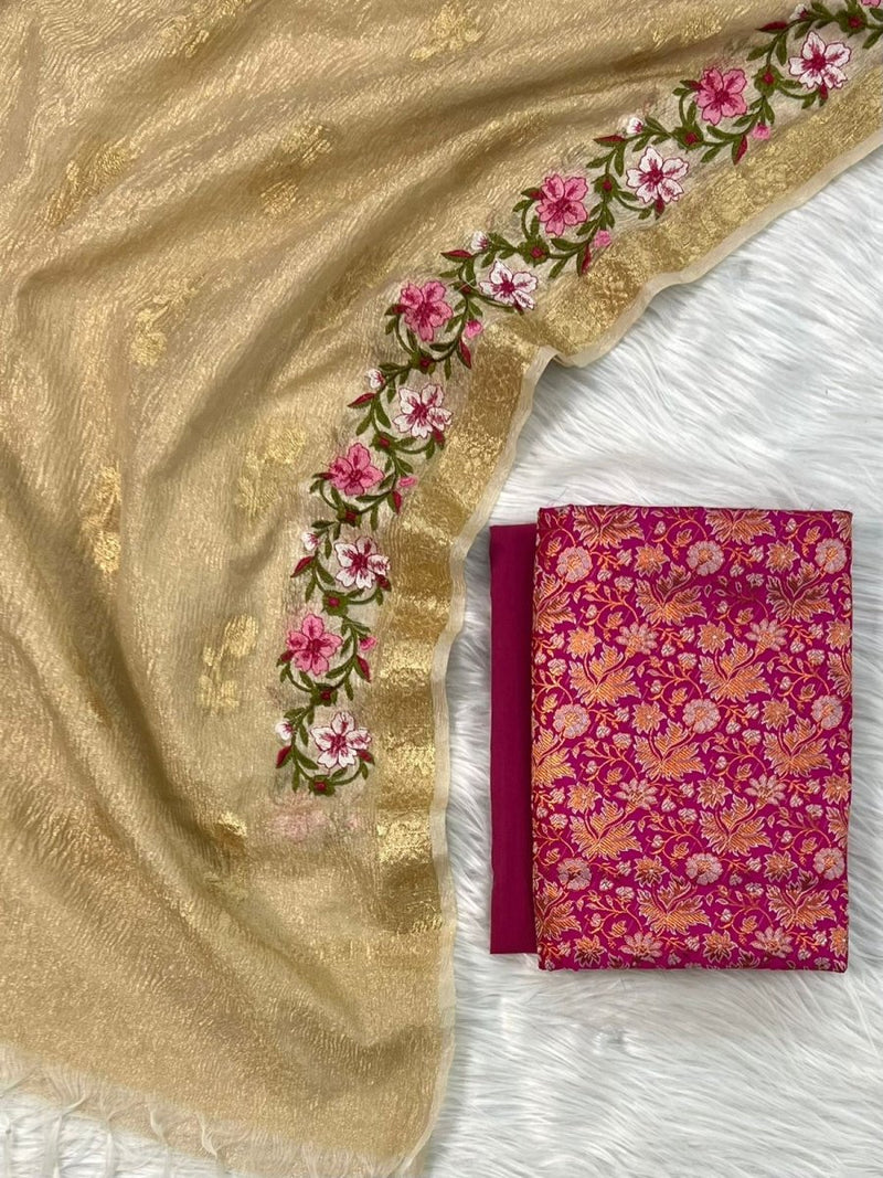 EXCLUSIVE BANARASI BROCADE SILK SUIT PAIRED WITH TISSUE CRUSH ZARI BOOTI MULTI EMBROIDERY DUPATTA - Leheriya