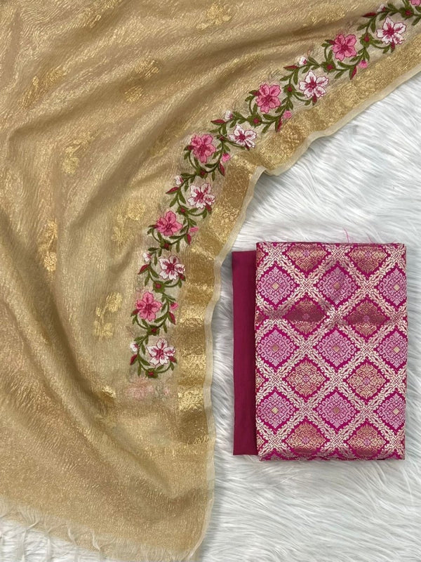 EXCLUSIVE BANARASI BROCADE SILK SUIT PAIRED WITH TISSUE CRUSH ZARI BOOTI MULTI EMBROIDERY DUPATTA - Leheriya