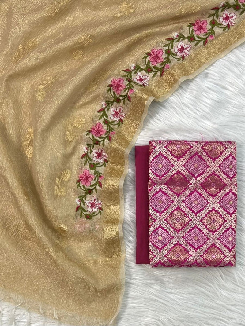 EXCLUSIVE BANARASI BROCADE SILK SUIT PAIRED WITH TISSUE CRUSH ZARI BOOTI MULTI EMBROIDERY DUPATTA - Leheriya