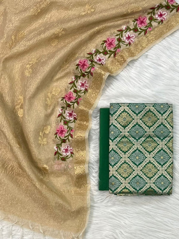 EXCLUSIVE BANARASI BROCADE SILK SUIT PAIRED WITH TISSUE CRUSH ZARI BOOTI MULTI EMBROIDERY DUPATTA - Leheriya