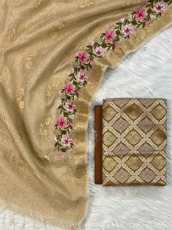 EXCLUSIVE BANARASI BROCADE SILK SUIT PAIRED WITH TISSUE CRUSH ZARI BOOTI MULTI EMBROIDERY DUPATTA - Leheriya