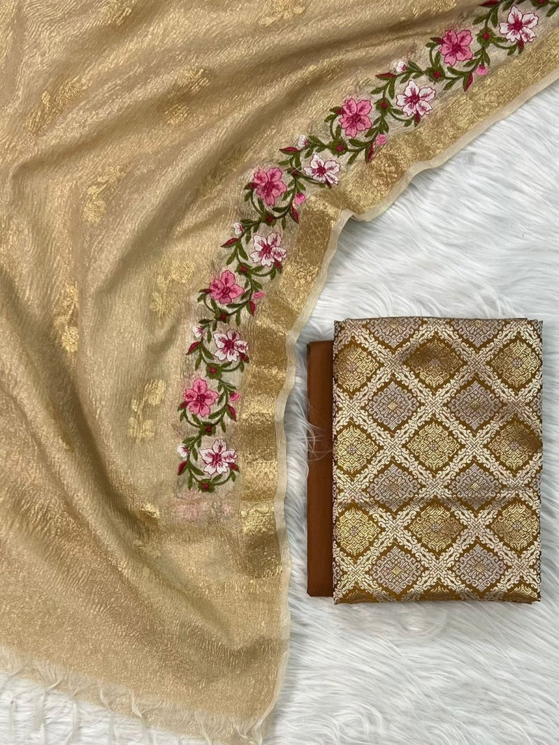 EXCLUSIVE BANARASI BROCADE SILK SUIT PAIRED WITH TISSUE CRUSH ZARI BOOTI MULTI EMBROIDERY DUPATTA - Leheriya
