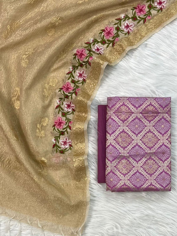EXCLUSIVE BANARASI BROCADE SILK SUIT PAIRED WITH TISSUE CRUSH ZARI BOOTI MULTI EMBROIDERY DUPATTA - Leheriya