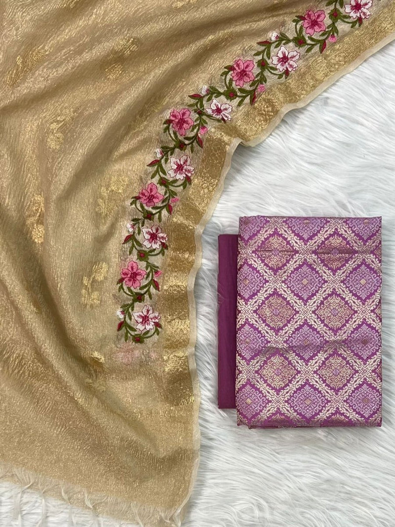 EXCLUSIVE BANARASI BROCADE SILK SUIT PAIRED WITH TISSUE CRUSH ZARI BOOTI MULTI EMBROIDERY DUPATTA - Leheriya