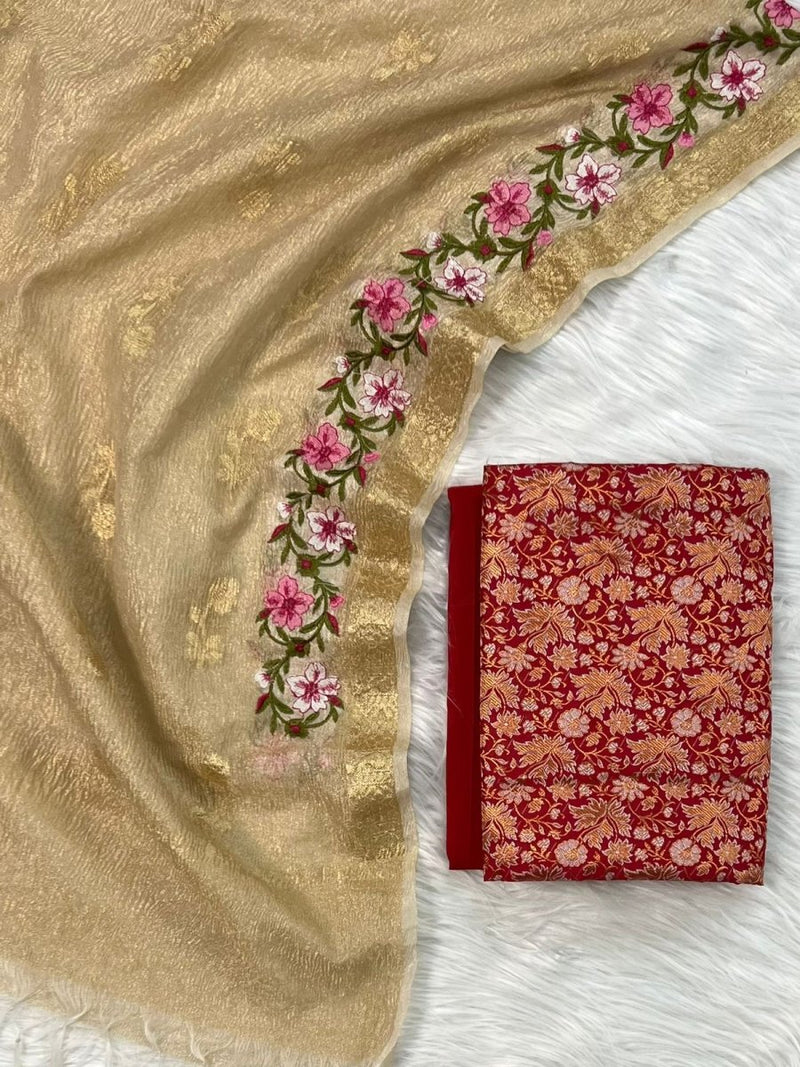 EXCLUSIVE BANARASI BROCADE SILK SUIT PAIRED WITH TISSUE CRUSH ZARI BOOTI MULTI EMBROIDERY DUPATTA - Leheriya