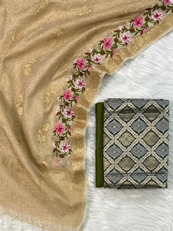 EXCLUSIVE BANARASI BROCADE SILK SUIT PAIRED WITH TISSUE CRUSH ZARI BOOTI MULTI EMBROIDERY DUPATTA - Leheriya
