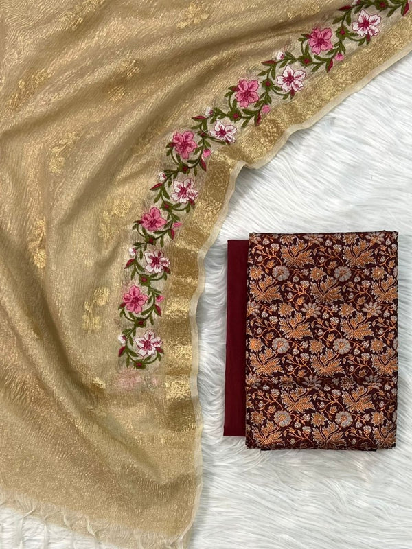 EXCLUSIVE BANARASI BROCADE SILK SUIT PAIRED WITH TISSUE CRUSH ZARI BOOTI MULTI EMBROIDERY DUPATTA - Leheriya
