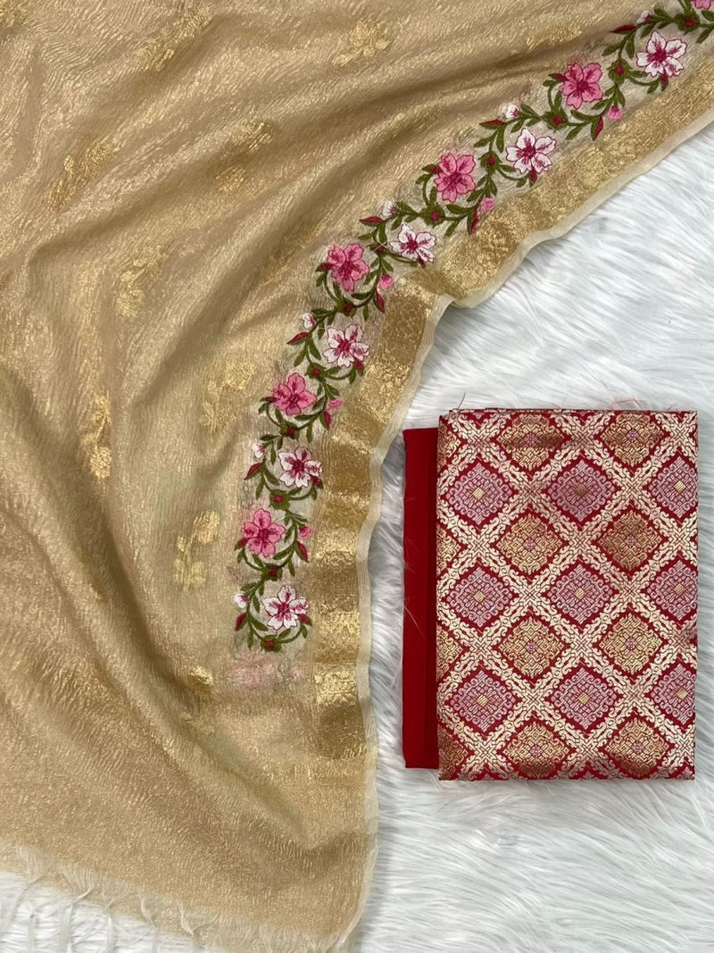 EXCLUSIVE BANARASI BROCADE SILK SUIT PAIRED WITH TISSUE CRUSH ZARI BOOTI MULTI EMBROIDERY DUPATTA - Leheriya