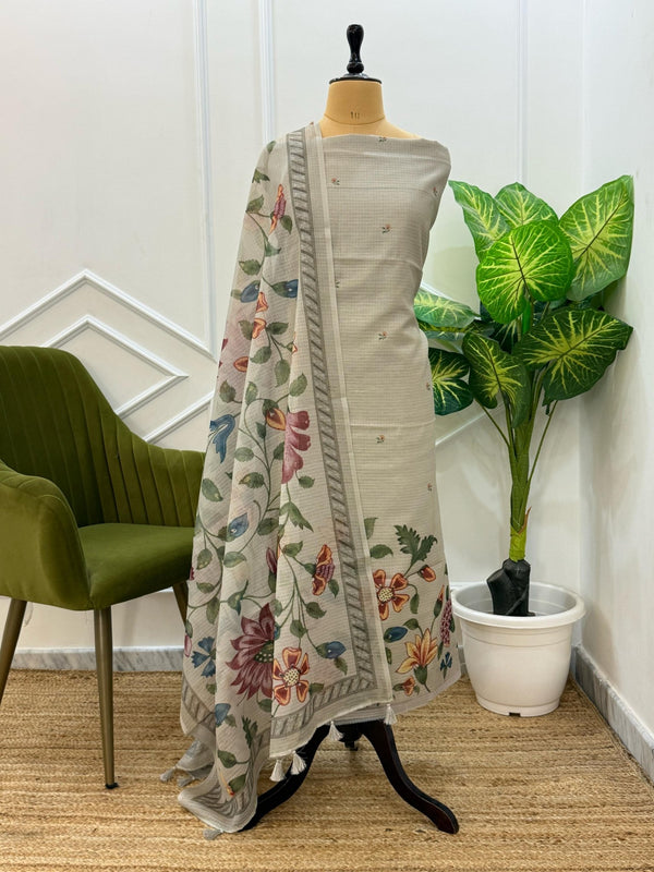 Exclusive Banarasi Kota 3Pc unstitched Salwar Suit with Kota Check Digital Print Dupatta - Leheriya