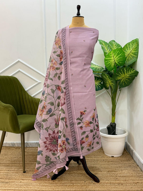 Exclusive Banarasi Kota 3Pc unstitched Salwar Suit with Kota Check Digital Print Dupatta - Leheriya