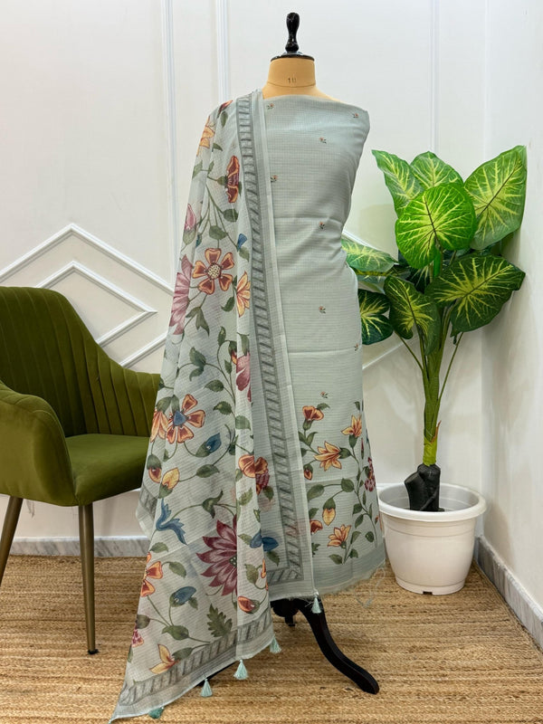 Exclusive Banarasi Kota 3Pc unstitched Salwar Suit with Kota Check Digital Print Dupatta - Leheriya
