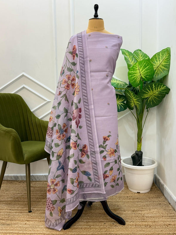 Exclusive Banarasi Kota 3Pc unstitched Salwar Suit with Kota Check Digital Print Dupatta - Leheriya