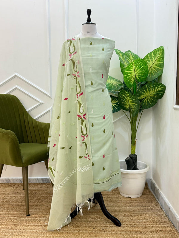 Exclusive Banarasi Kota Booti 3Pc unstitched Salwar Suit with Multi Embroidery Dupatta - Leheriya