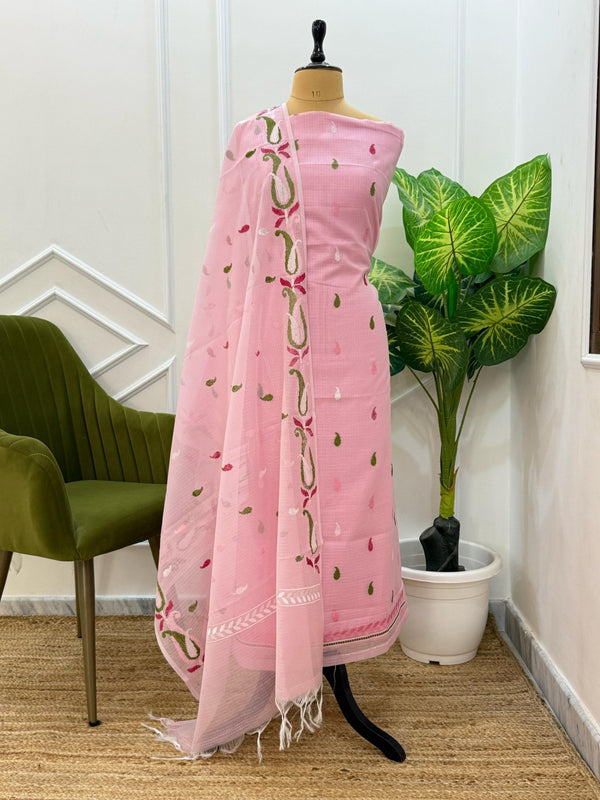 Exclusive Banarasi Kota Booti 3Pc unstitched Salwar Suit with Multi Embroidery Dupatta - Leheriya