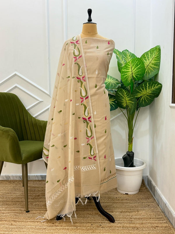 Exclusive Banarasi Kota Booti 3Pc unstitched Salwar Suit with Multi Embroidery Dupatta - Leheriya
