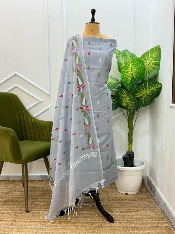 Exclusive Banarasi Kota Booti 3Pc unstitched Salwar Suit with Multi Embroidery Dupatta - Leheriya