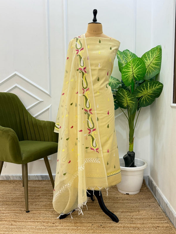 Exclusive Banarasi Kota Booti 3Pc unstitched Salwar Suit with Multi Embroidery Dupatta - Leheriya