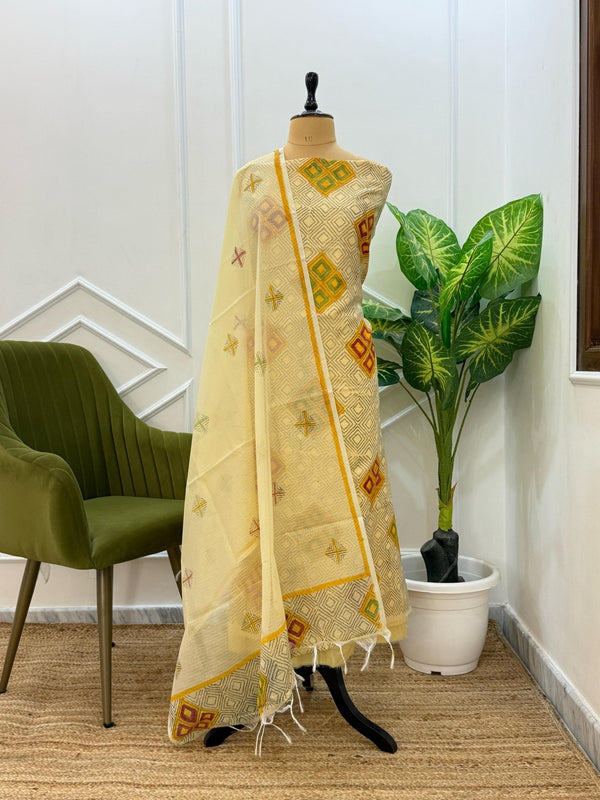 Exclusive Banarasi Kota Check 3 pc Unstitched Salwar Suit with Kota Check Block Print Dupatta (Summer) - Leheriya