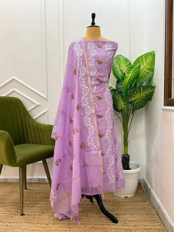 Exclusive Banarasi Kota Check 3 pc Unstitched Salwar Suit with Kota Check Multi Embroidery Dupatta (Summer) - Leheriya