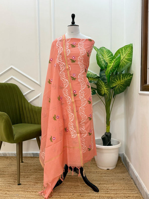 Exclusive Banarasi Kota Check 3 pc Unstitched Salwar Suit with Kota Check Multi Embroidery Dupatta (Summer) - Leheriya