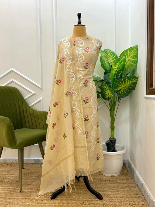 Exclusive Banarasi Kota Check 3 pc Unstitched Salwar Suit with Kota Check Multi Embroidery Dupatta (Summer) - Leheriya