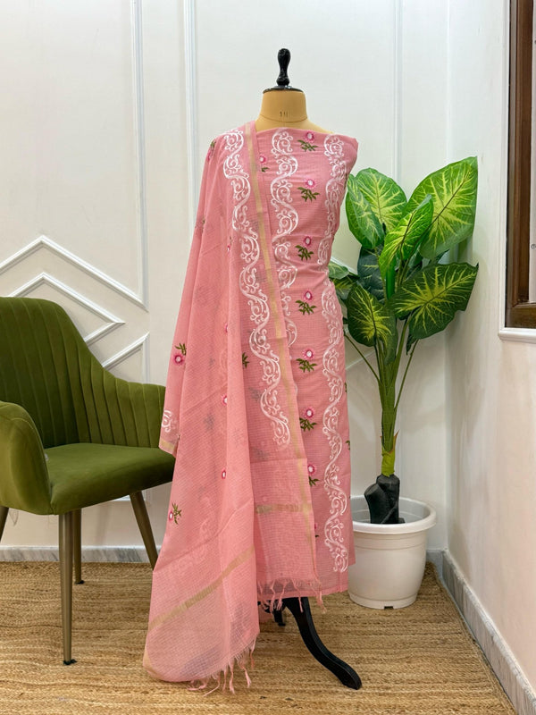 Exclusive Banarasi Kota Check 3 pc Unstitched Salwar Suit with Kota Check Multi Embroidery Dupatta (Summer) - Leheriya