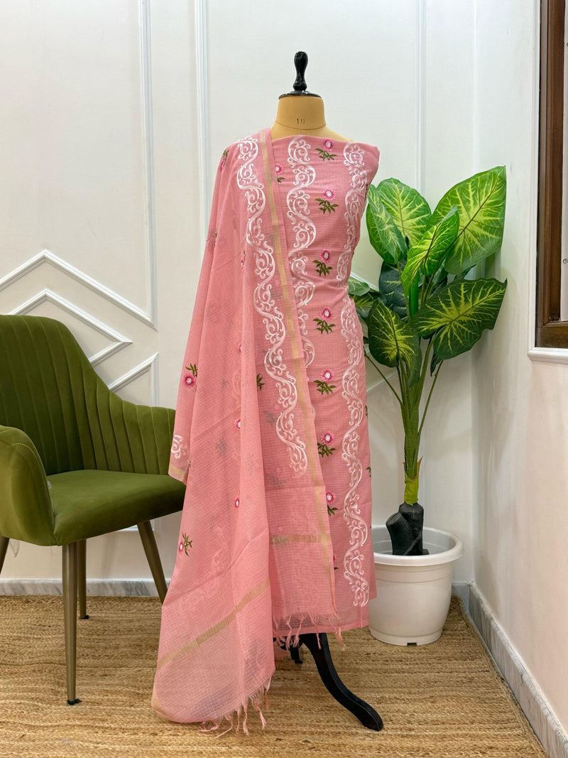 Exclusive Banarasi Kota Check 3 pc Unstitched Salwar Suit with Kota Check Multi Embroidery Dupatta (Summer) - Leheriya