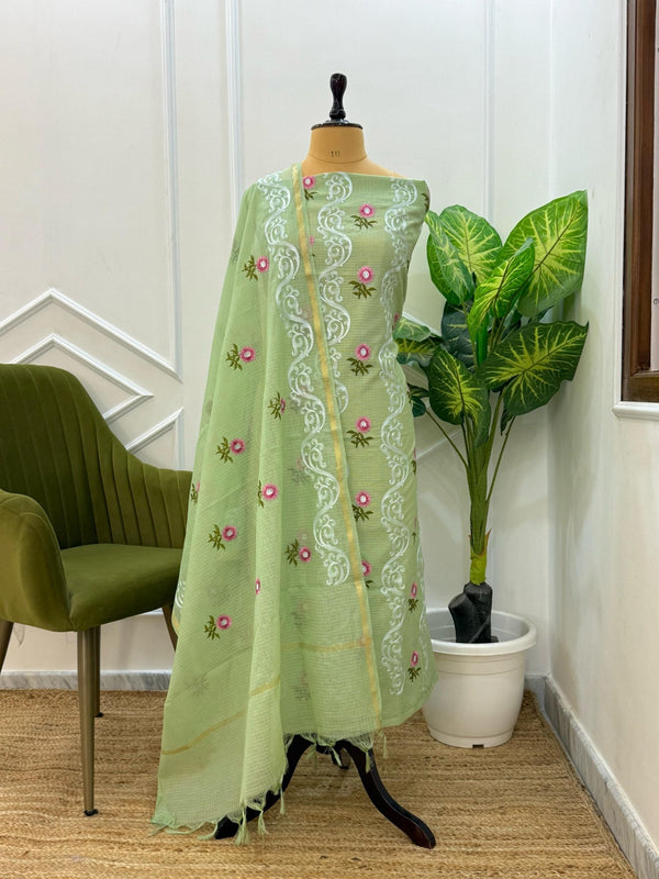 Exclusive Banarasi Kota Check 3 pc Unstitched Salwar Suit with Kota Check Multi Embroidery Dupatta (Summer) - Leheriya