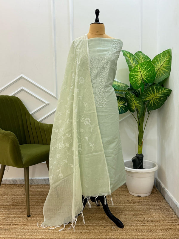 Exclusive Banarasi Kota Check 3Pc Unstitched Salwar Suit with Kota Check Baal Embroidery Dupatta - Leheriya