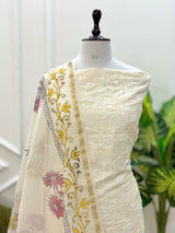 Exclusive Banarasi Kota Check Embroidery 3 pc Unstitched Salwar Suit with Hand Block Print Dupatta (Summer) - Leheriya