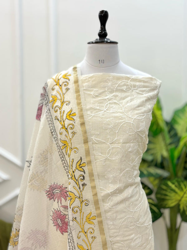 Exclusive Banarasi Kota Check Embroidery 3 pc Unstitched Salwar Suit with Hand Block Print Dupatta (Summer) - Leheriya