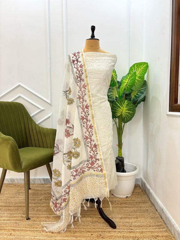 Exclusive Banarasi Kota Check Embroidery 3 pc Unstitched Salwar Suit with Hand Block Print Dupatta (Summer) - Leheriya