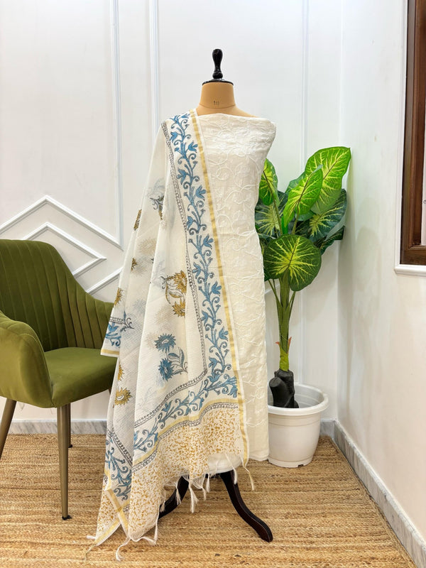 Exclusive Banarasi Kota Check Embroidery 3 pc Unstitched Salwar Suit with Hand Block Print Dupatta (Summer) - Leheriya