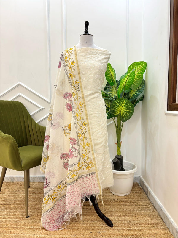 Exclusive Banarasi Kota Check Embroidery 3 pc Unstitched Salwar Suit with Hand Block Print Dupatta (Summer) - Leheriya