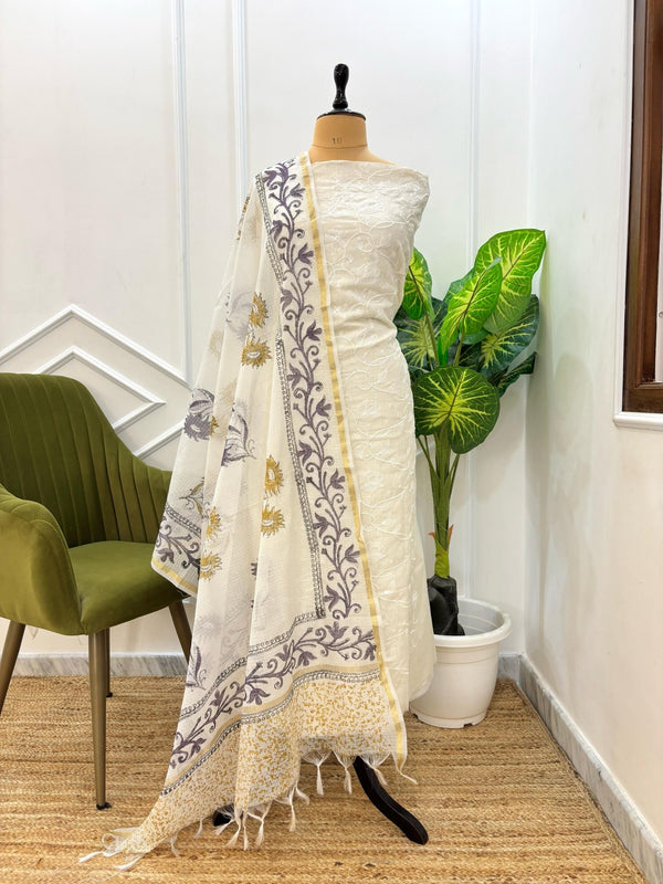 Exclusive Banarasi Kota Check Embroidery 3 pc Unstitched Salwar Suit with Hand Block Print Dupatta (Summer) - Leheriya