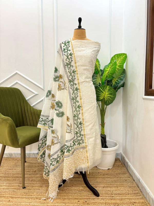 Exclusive Banarasi Kota Check Embroidery 3 pc Unstitched Salwar Suit with Hand Block Print Dupatta (Summer) - Leheriya