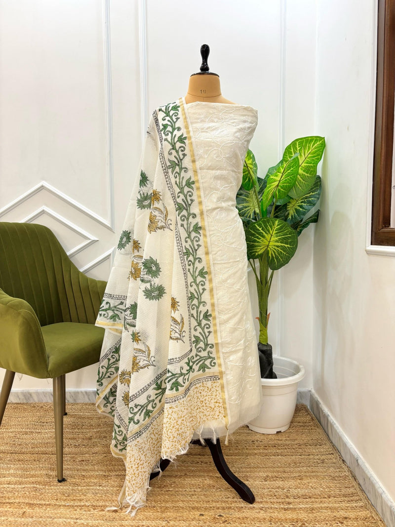 Exclusive Banarasi Kota Check Embroidery 3 pc Unstitched Salwar Suit with Hand Block Print Dupatta (Summer) - Leheriya