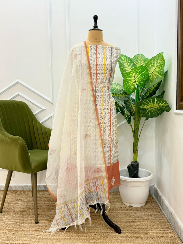 Exclusive Banarasi Kota Check Hand Paint 3 pc Unstitched Salwar Suit with Block Print Dupatta (Summer) - Leheriya